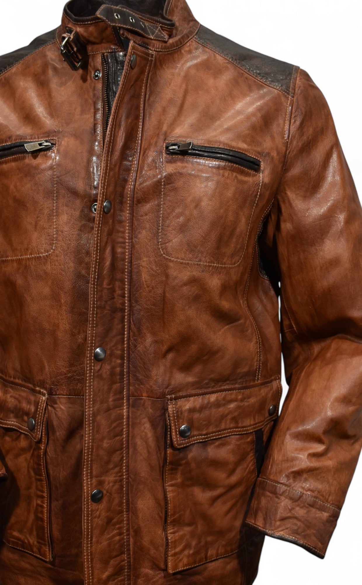 Marcello engineered cognac and chocolate leather coat.