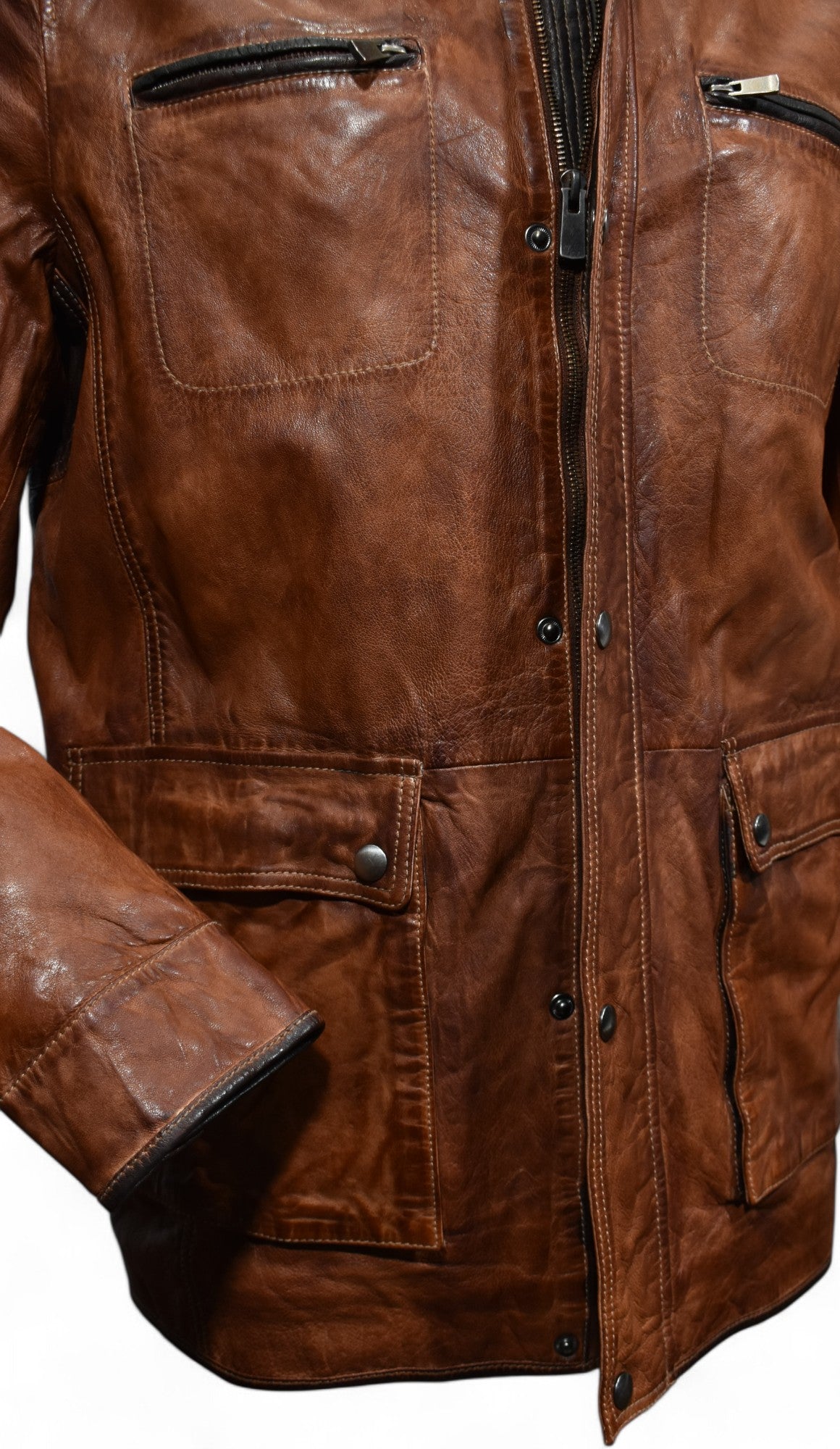 Marcello engineered cognac and chocolate leather coat.