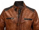 Marcello engineered cognac and chocolate leather coat.