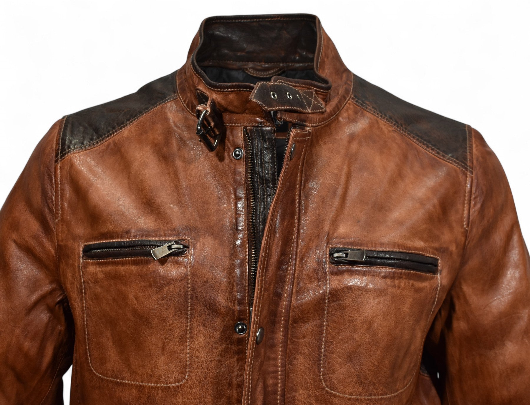Marcello engineered cognac and chocolate leather coat.