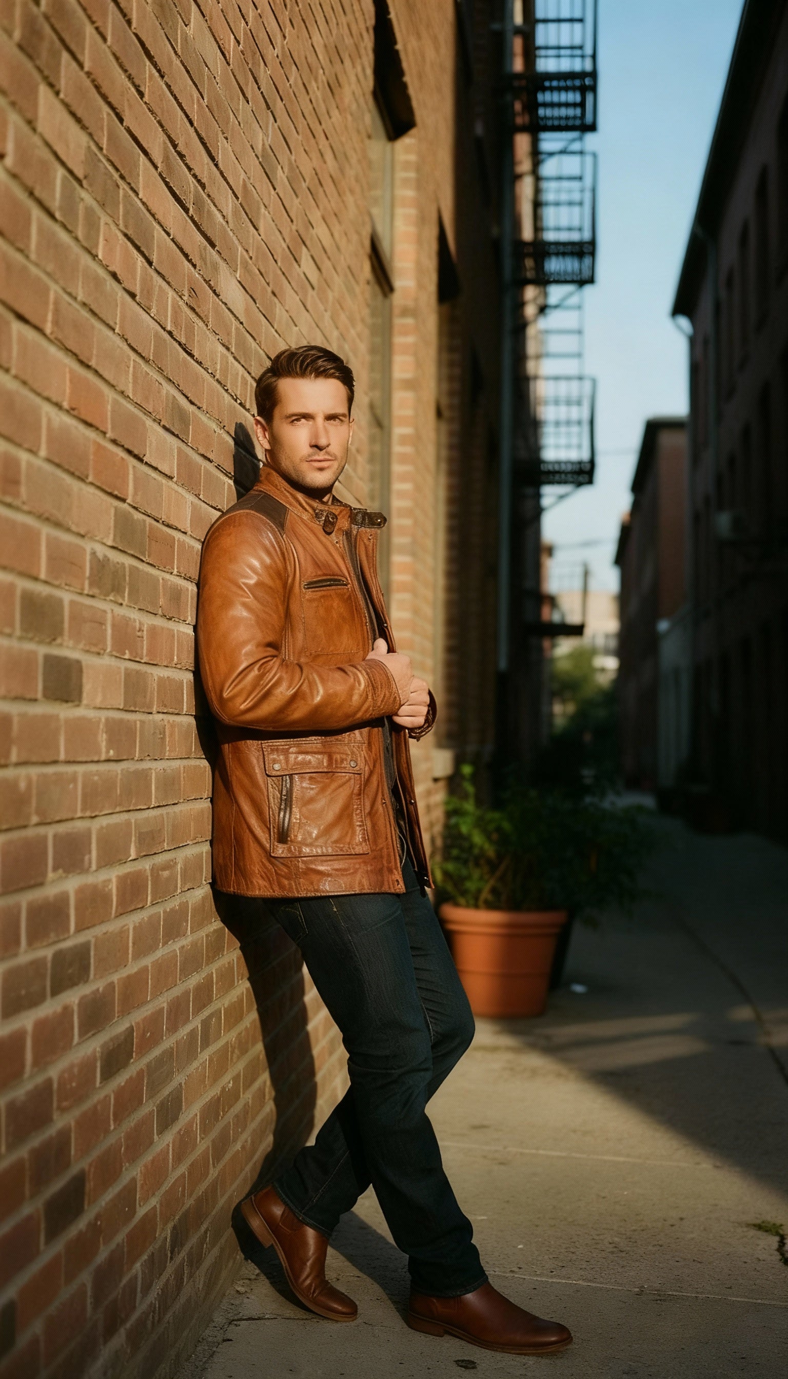 Marcello engineered cognac and chocolate leather coat.