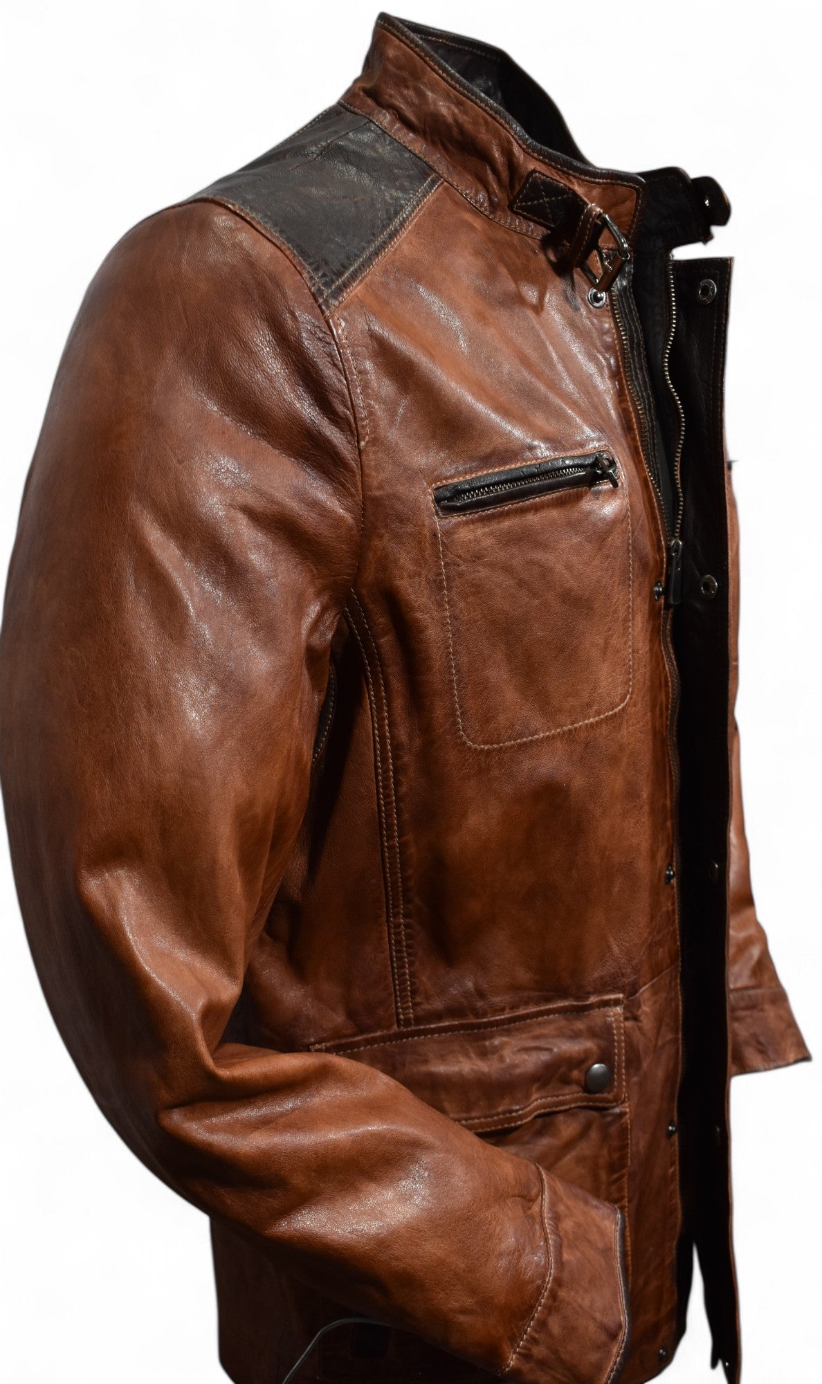 Marcello engineered cognac and chocolate leather coat.