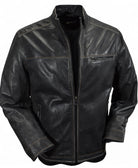 Marcello soft pebble grain leather bomber with contrast stitching in blue or black.