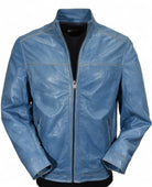 Marcello soft pebble grain leather bomber with contrast stitching in blue or black.