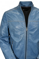 Marcello soft pebble grain leather bomber with contrast stitching in blue or black.