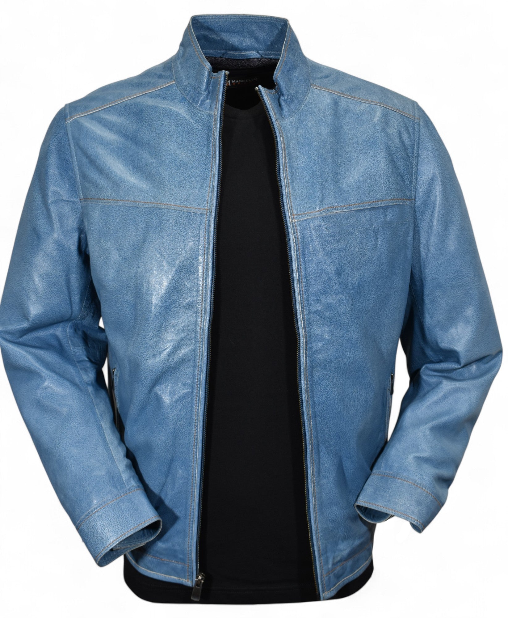 Marcello soft pebble grain leather bomber with contrast stitching in blue or black.