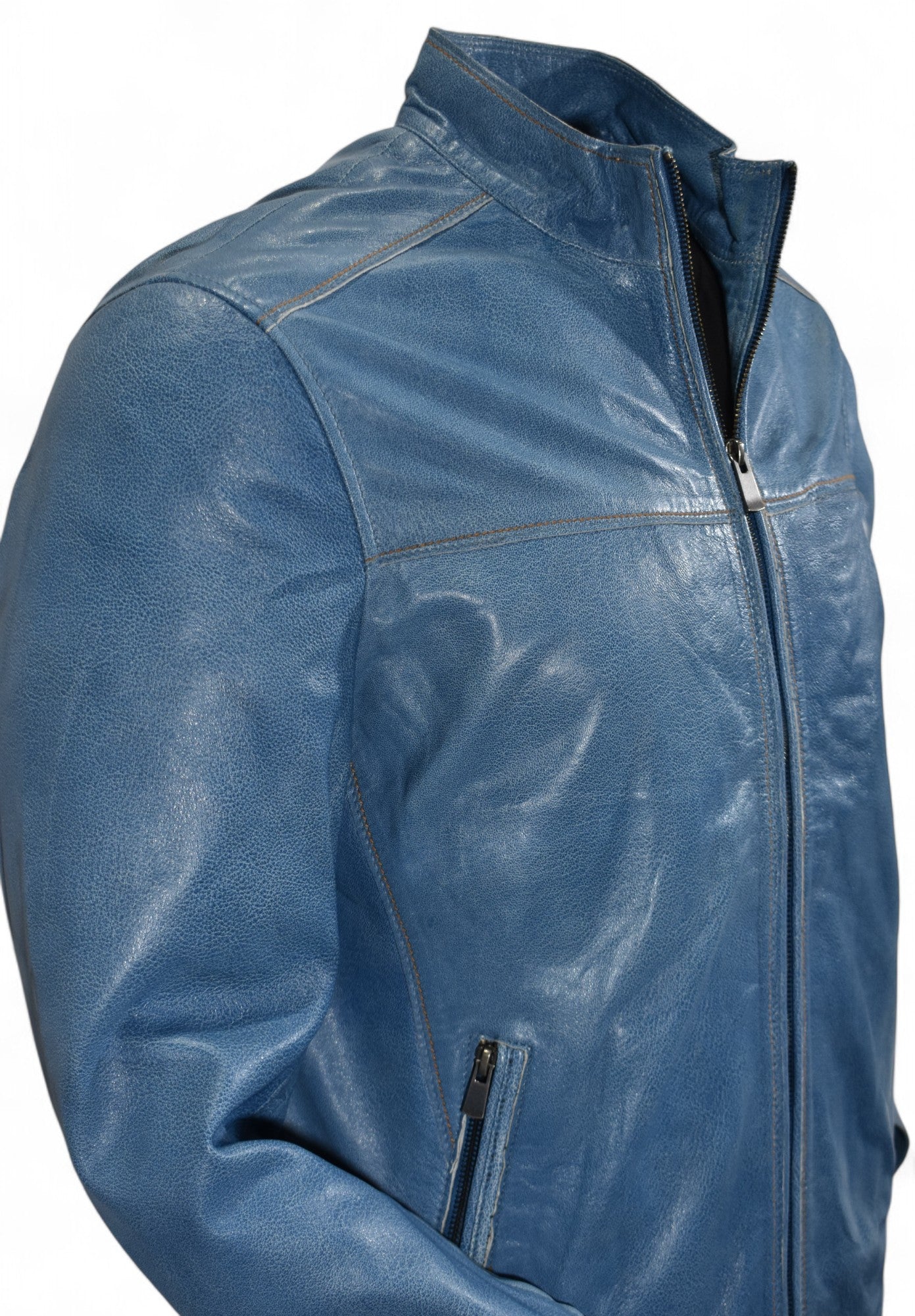 Marcello soft pebble grain leather bomber with contrast stitching in blue or black.