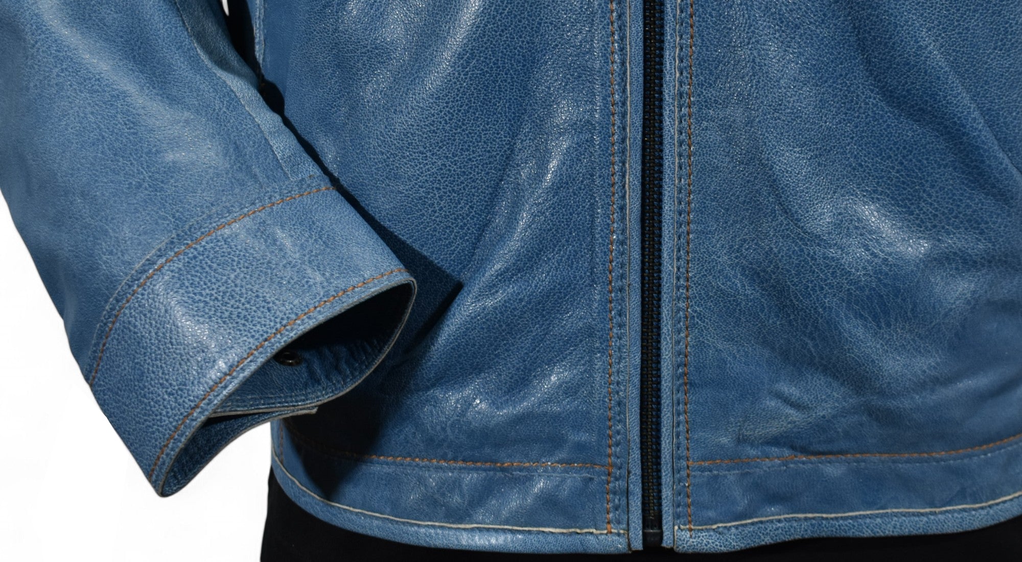 Marcello soft pebble grain leather bomber with contrast stitching in blue or black.