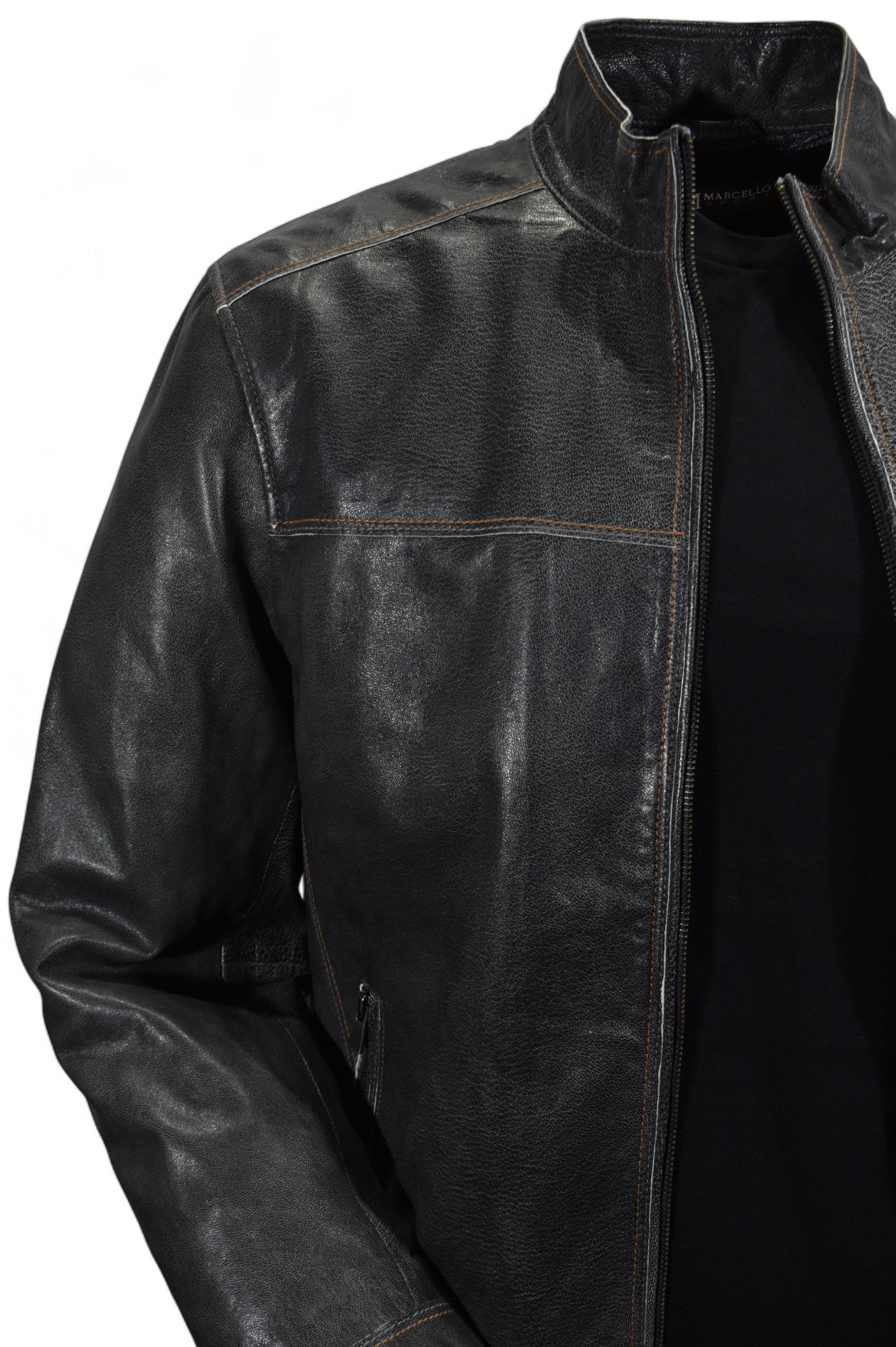 Marcello soft pebble grain leather bomber with contrast stitching in blue or black.
