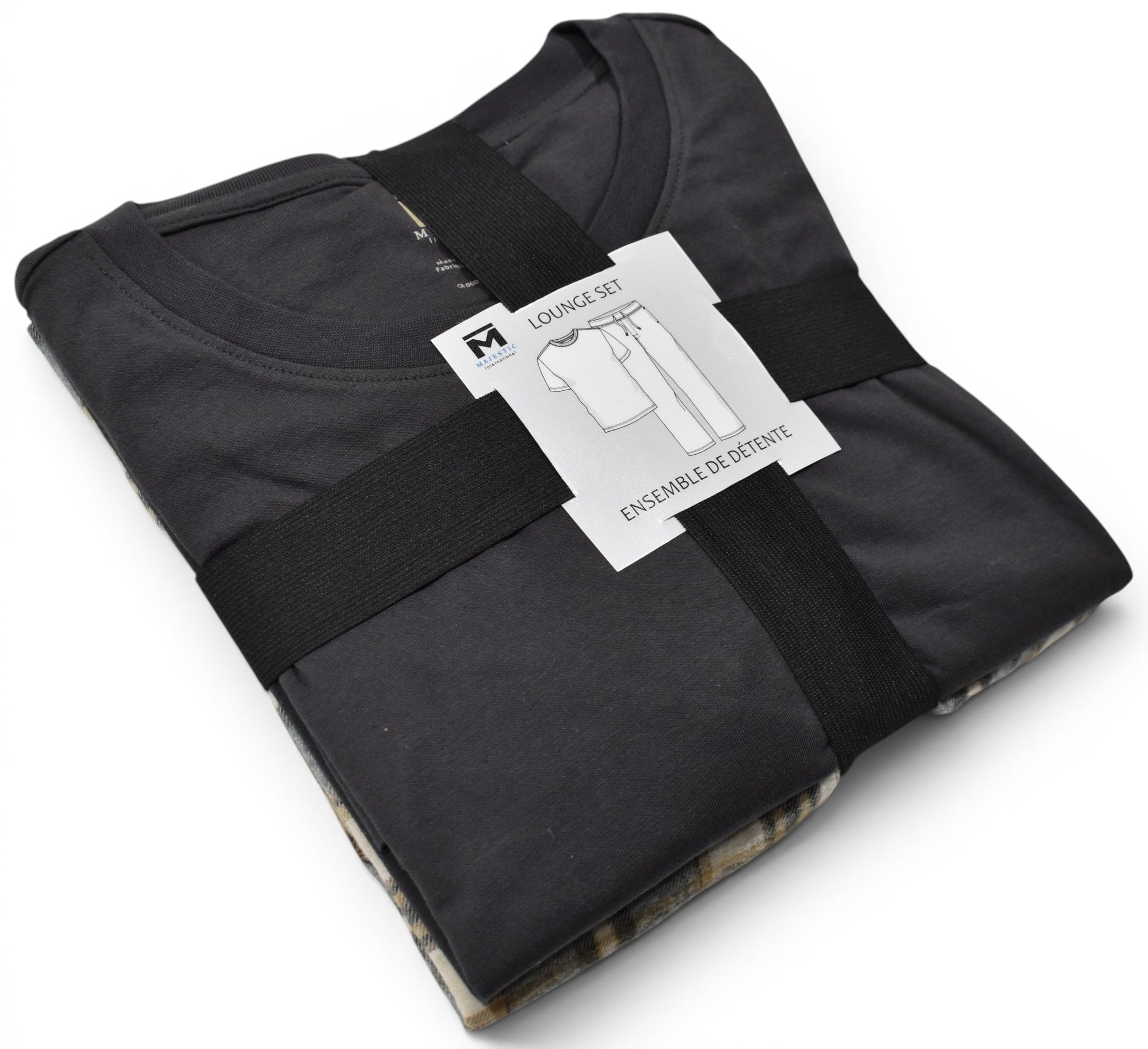 Tan gray plaid pant and tee set.