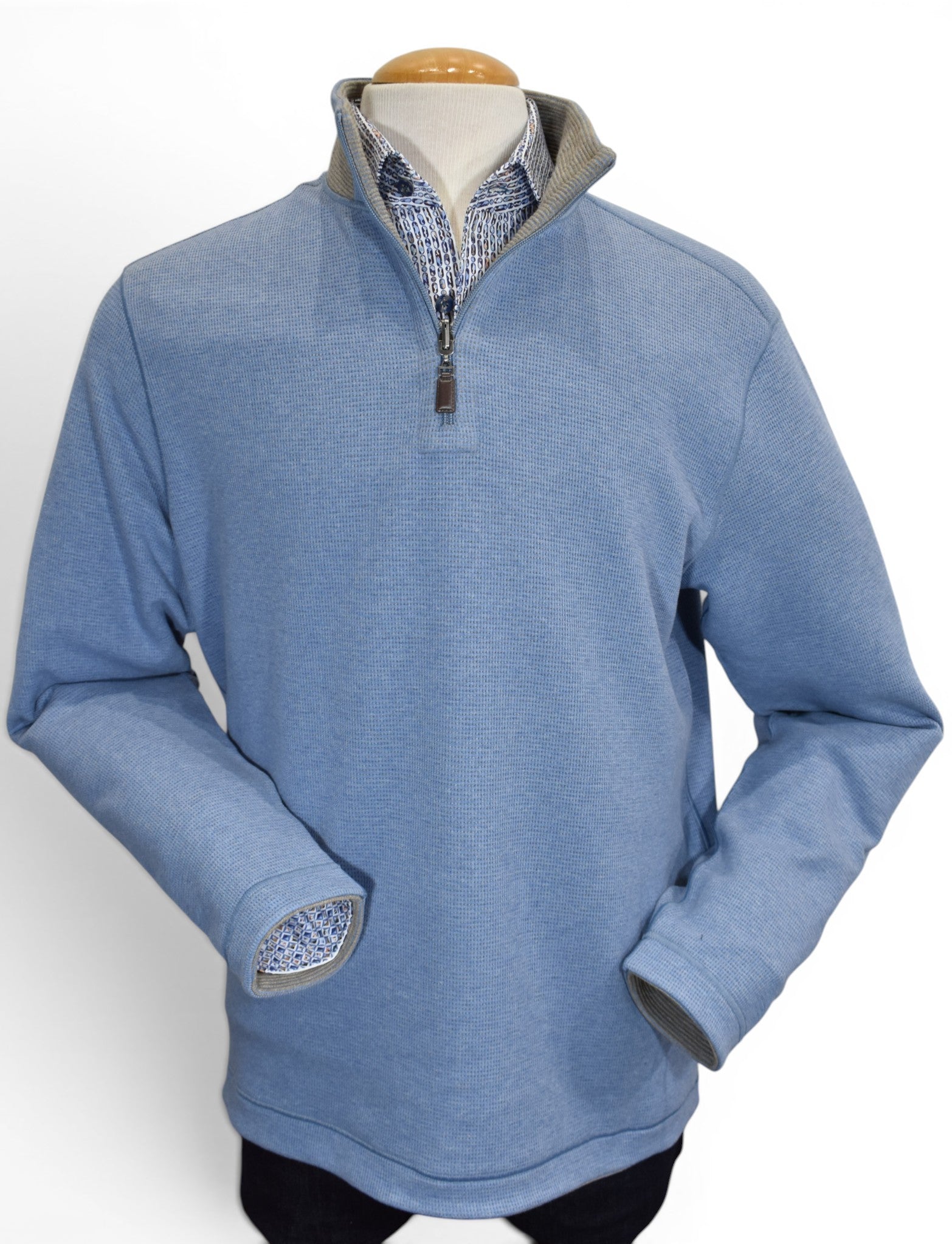 Waffle quarter zip reversible blue to taupe by Marcello