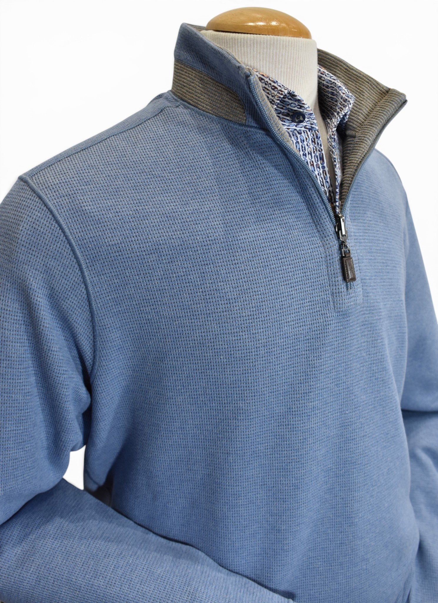 Waffle quarter zip reversible blue to taupe by Marcello