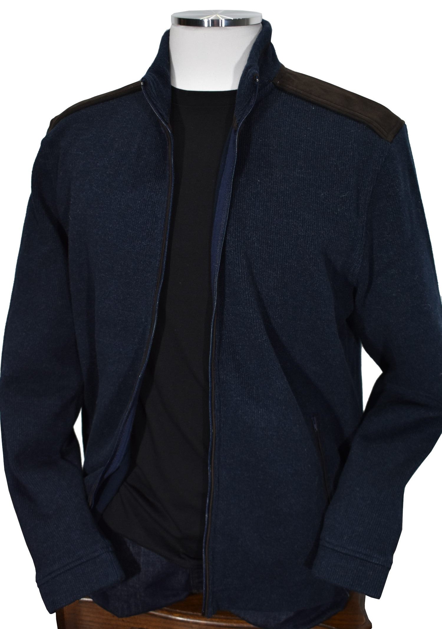 Stay stylish on the go with the ZN6307 Brecken Sport Cardigan. This full zip cardigan model is crafted from soft navy fabric with fine rib detailing and chocolate ultra suede on the shoulders and zippers for a tasteful, exclusive look. It can be worn alone, as a layer, or open like a jacket to beautifully accent any outfit. Light to medium weight performance cotton microfiber fabric ensures all-day comfort.