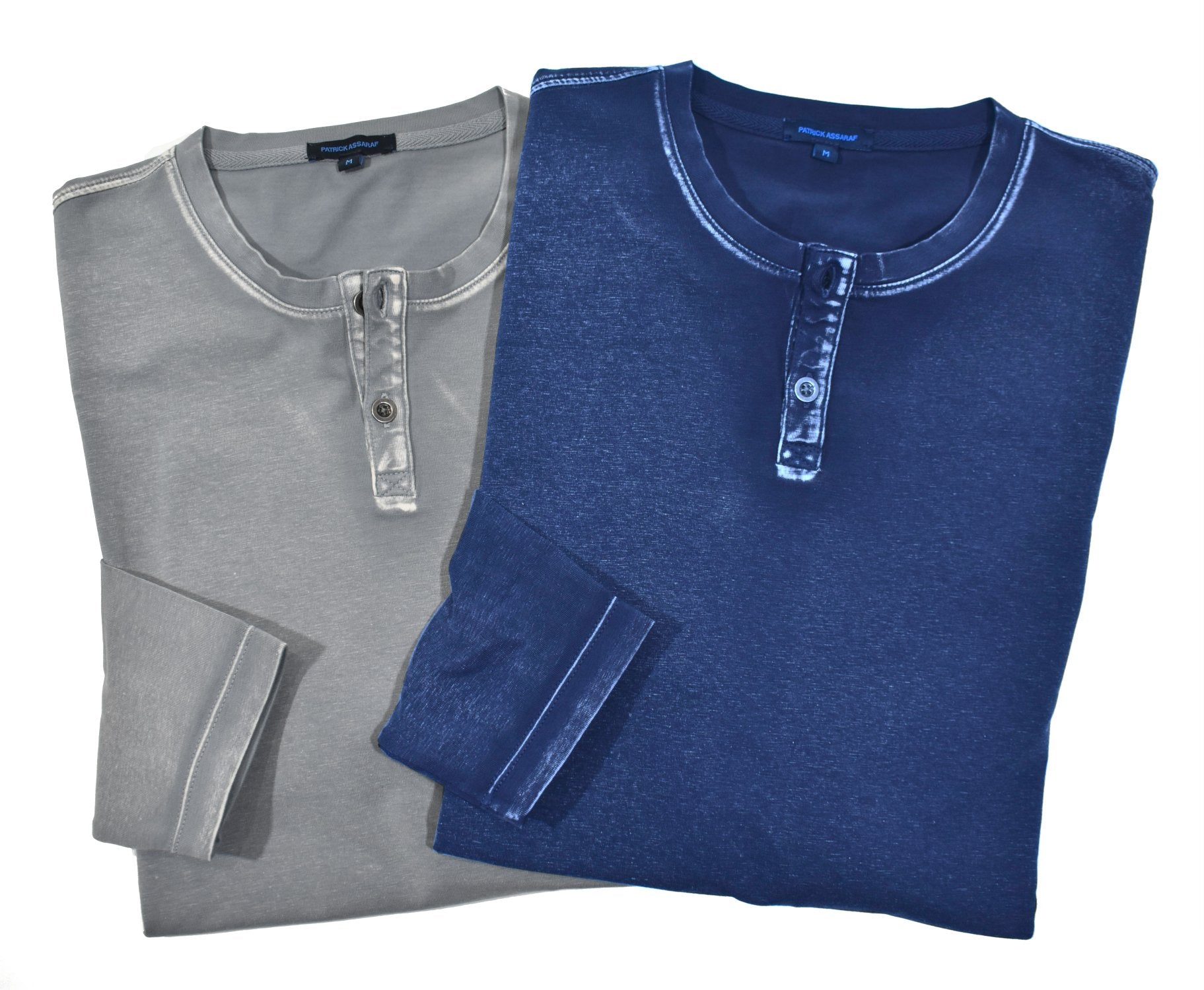 The henley is a must-have for any fashion-forward individual. Made in Italy by the Assaraf team, this long sleeve henley offers a contemporary and updated look. Its washed style adds a unique touch and makes it a versatile piece for any wardrobe. Soft washed cotton and a classic fit. Colors: Blue or Charcoal