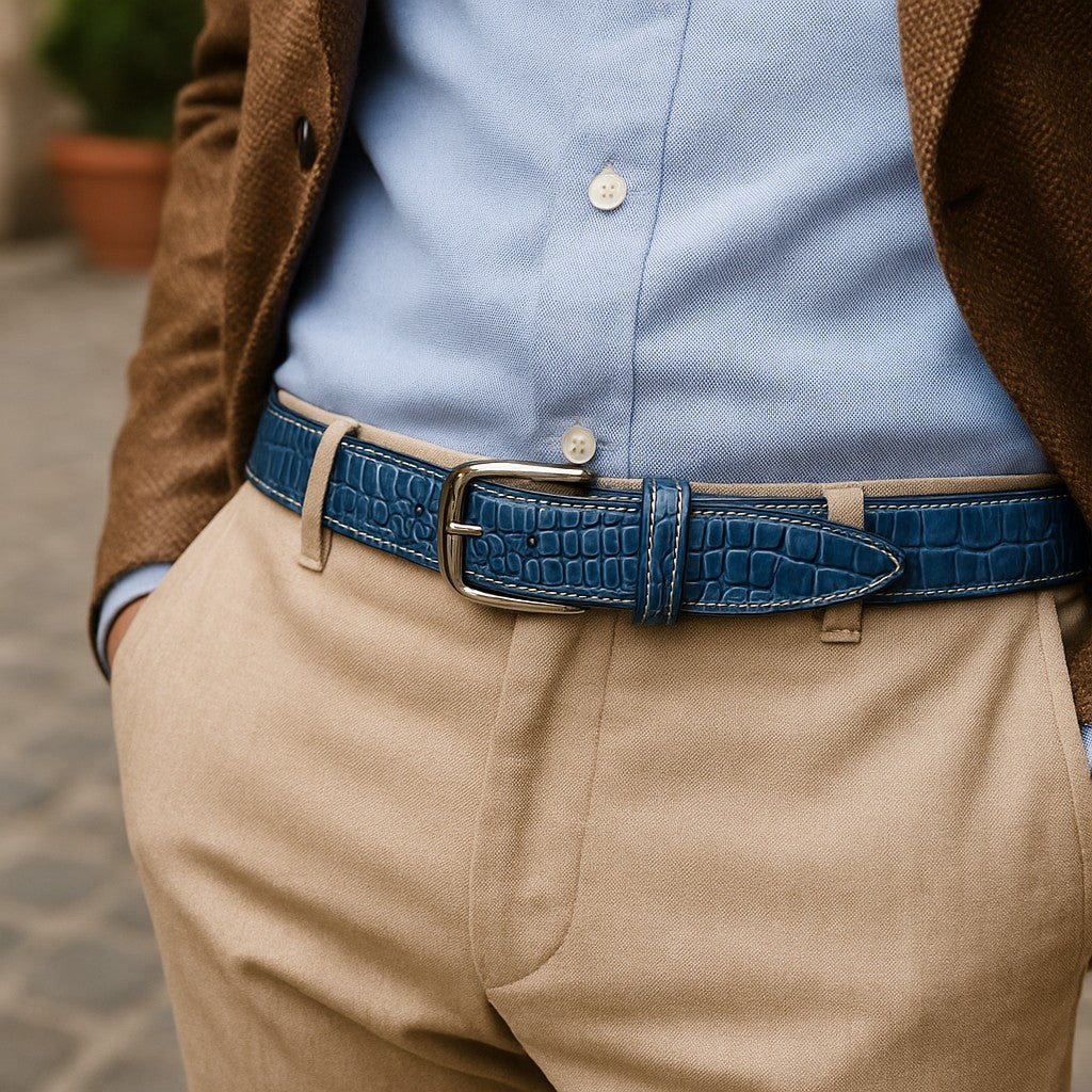 Elevate your style with our luxurious Italian gator embossed calfskin belt in sharp indigo. Meticulously crafted in the USA