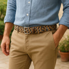 Elevate your style with our Tan-Chocolate Chevron Weave belt. Made in the USA.