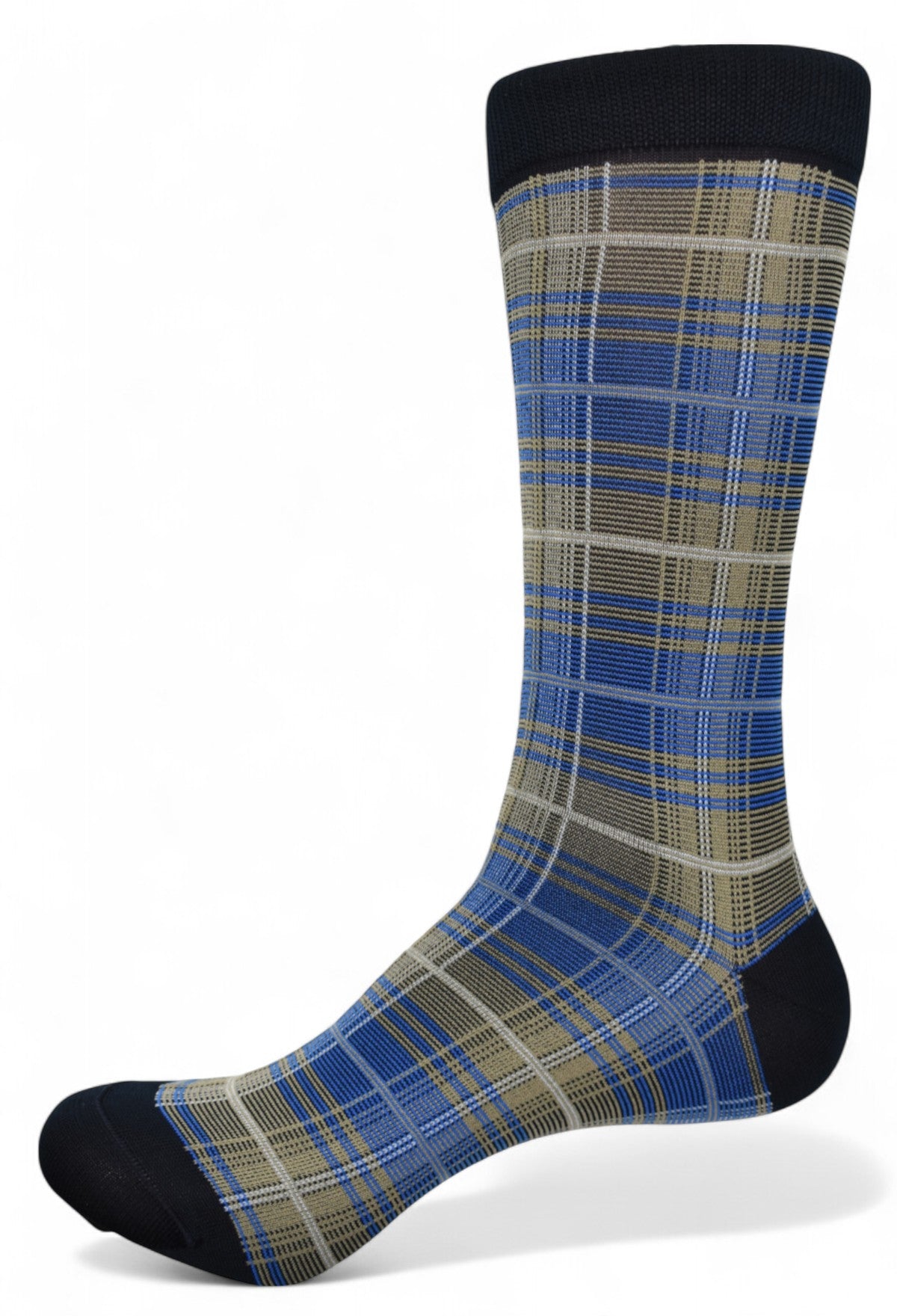 Marcello plaid sock mixing blue and tan.