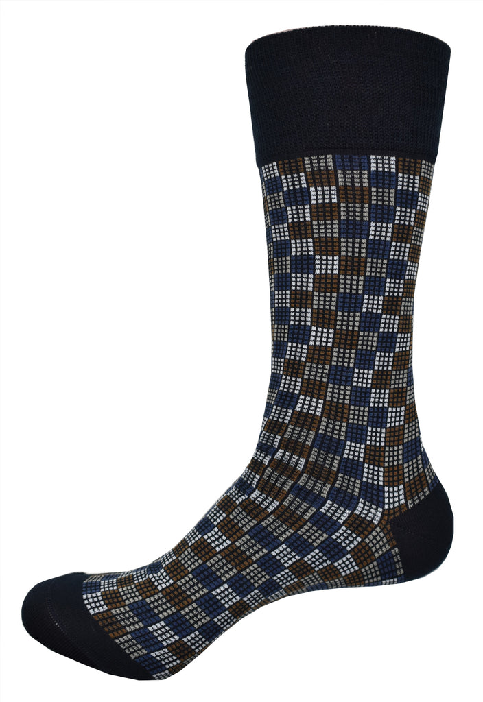 Introducing the ZV1556B - a brown and camel toned multi checkerboard crafted from rich mercerized cotton and enhanced with lycra for remarkable comfort and stretch. Unwind in style with this outstanding geometric pattern and warm brown and camel tones!  Also available in Navy or Red  Fits size 9-11.