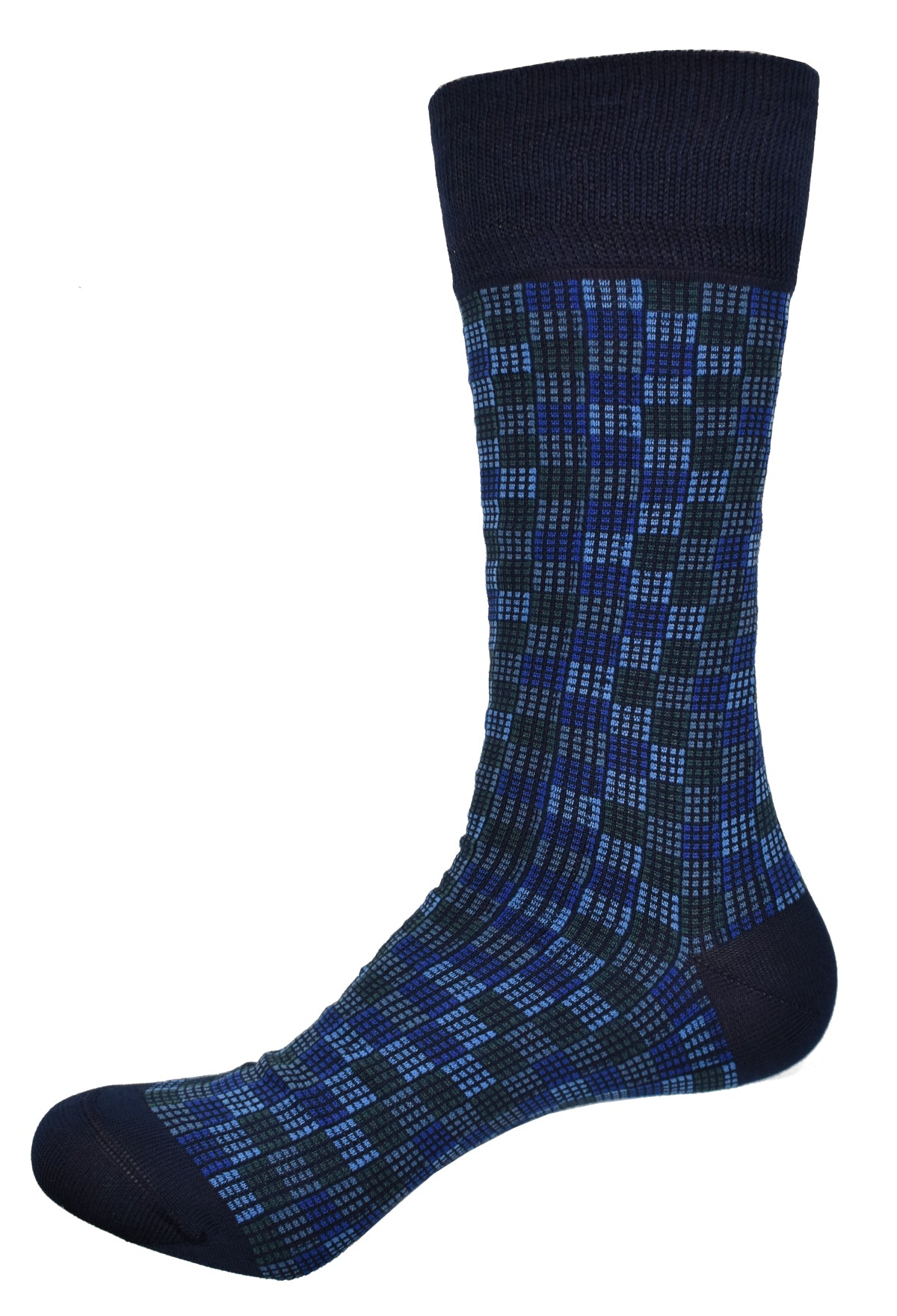 Introducing the ZV1556N - a navy multi checkerboard crafted from rich mercerized cotton and enhanced with lycra for remarkable comfort and stretch. Unwind in style with this outstanding geometric pattern and warm blue navy tones!  Also available in Brown or Red  Fits size 9-11.