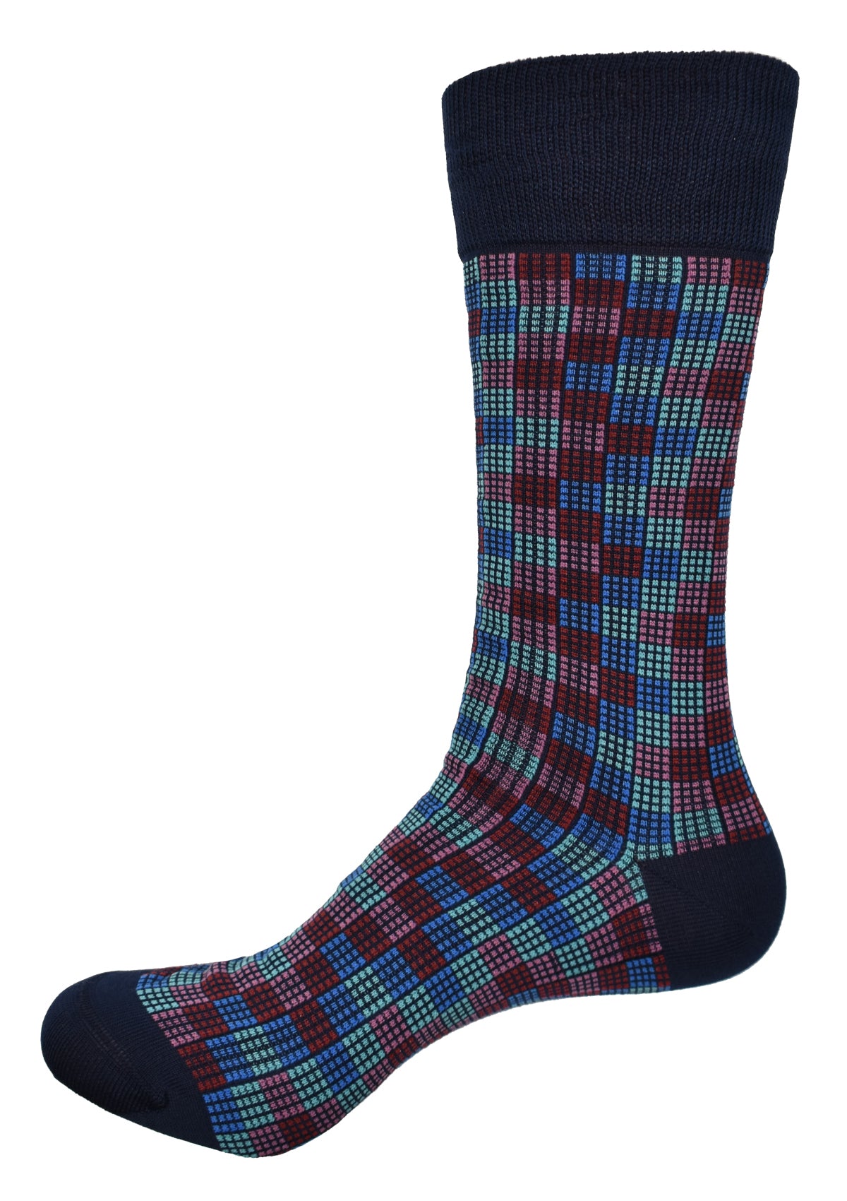 Introducing the ZV1556R - a red blue toned multi checkerboard crafted from rich mercerized cotton and enhanced with lycra for remarkable comfort and stretch. Unwind in style with this outstanding geometric pattern and sharp red blue teal tones!  Also available in Brown or Navy  Fits size 9-11.