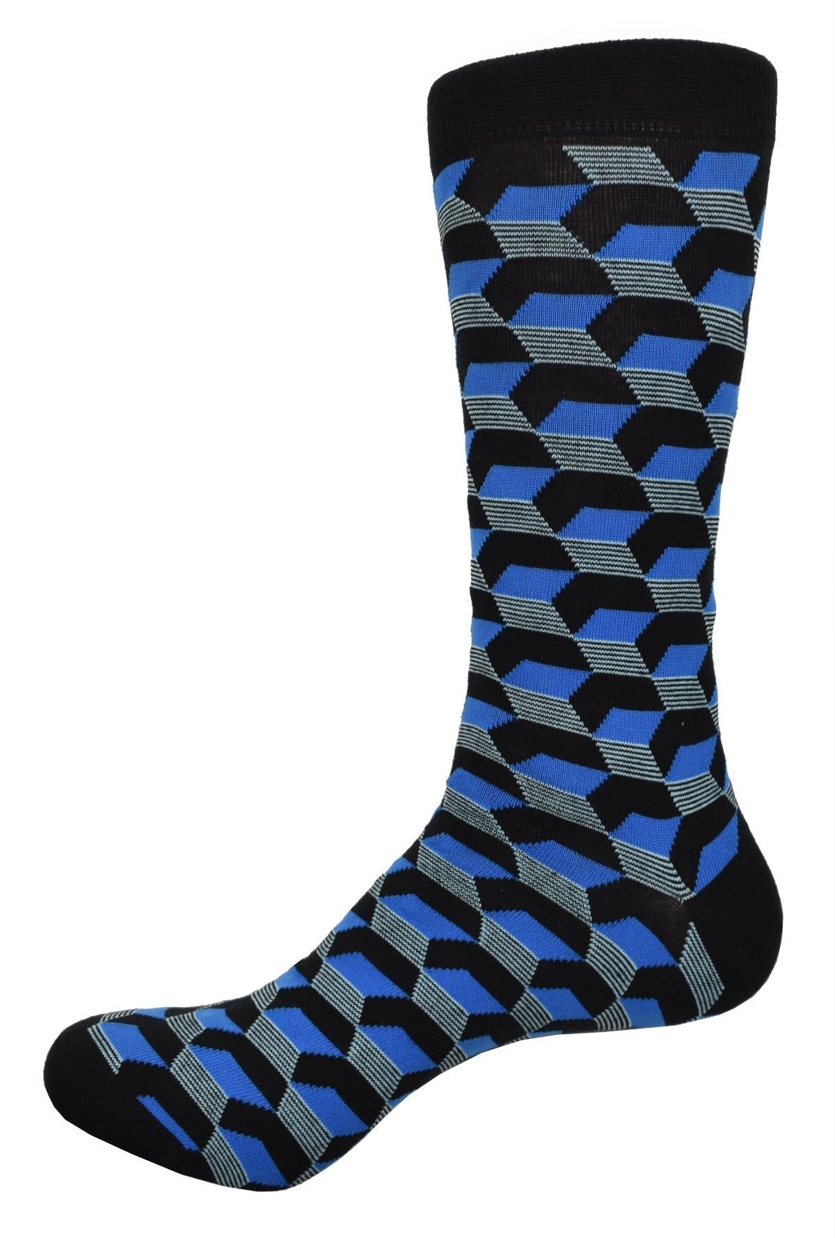 Elevate your sock game with ZV1575BB Black Blue Dimensions Socks. Made with fine mercerized cotton, these socks feature a cool geometric pattern in black, royal, and silver accents. Perfect for pairing with jeans or pants, these socks will add a touch of sophistication to any outfit.