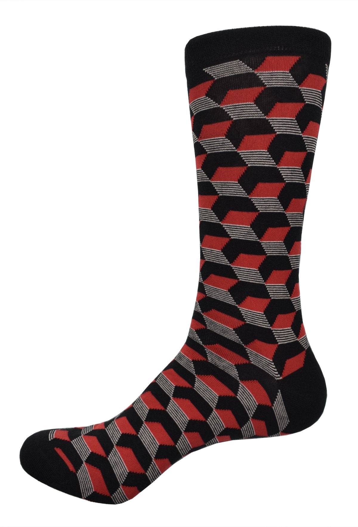 Elevate your sock game with Black Red Dimensions Socks. Made with fine mercerized cotton, these socks feature a cool geometric pattern in black, red, and silver accents. Perfect for pairing with jeans or pants, these socks will add a touch of sophistication to any outfit.