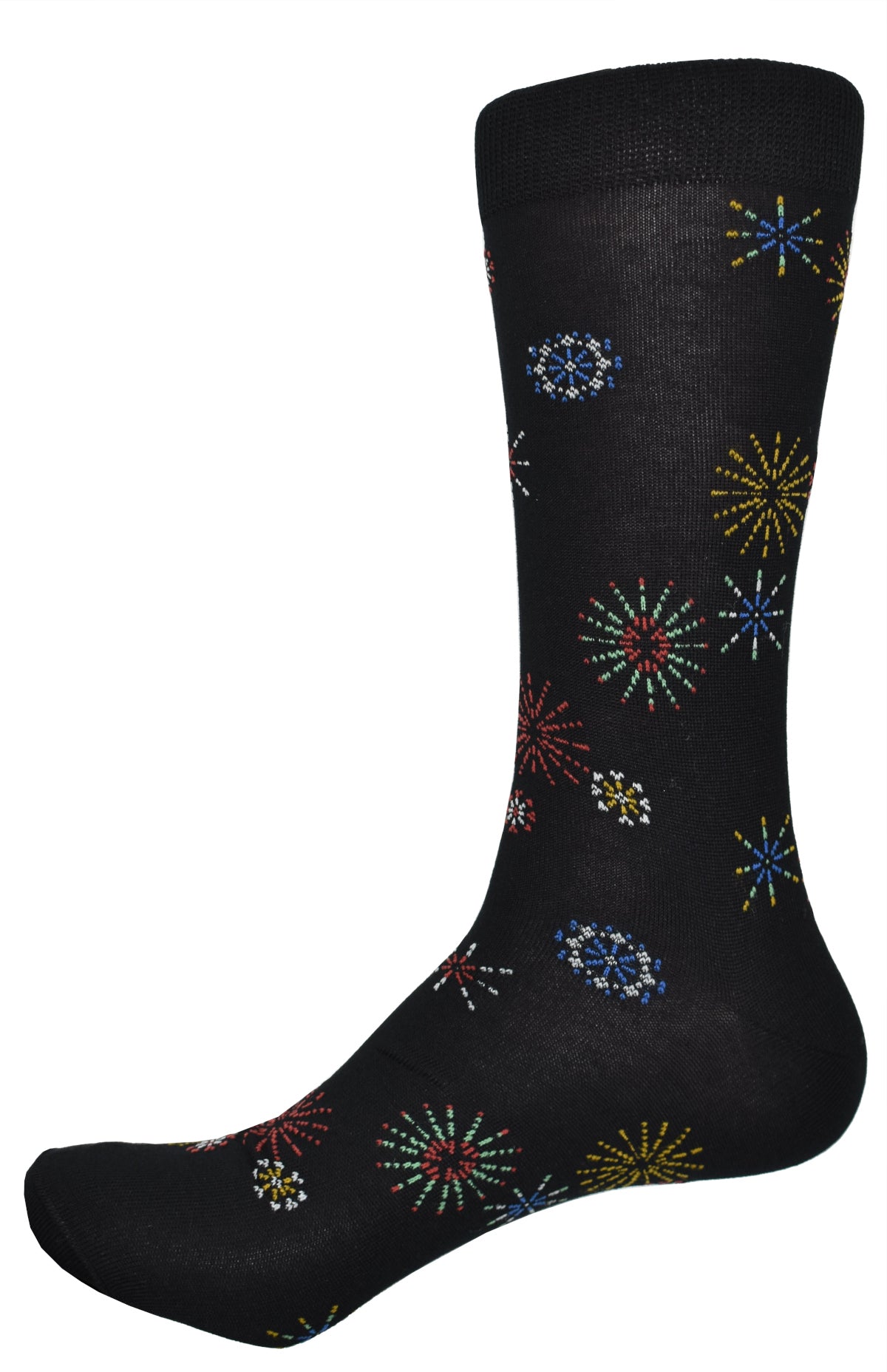 Celebrate style and comfort with ZV1579 Fireworks socks. They feature soft mercerized cotton and lycra for a snug fit that moves with you. The black fabric features multicolor, firework-style images for a unique, eye-catching look.   One size fits 9-12. by Marcello Sport