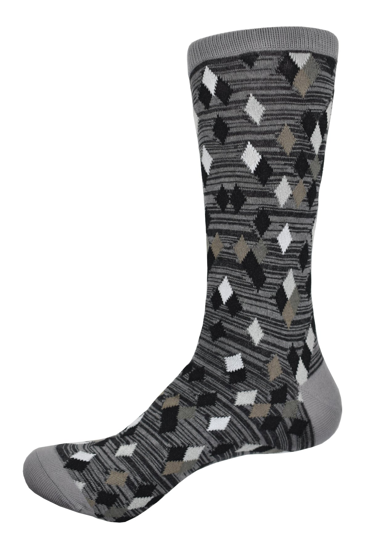 Enhance your style with the Marcello Charcoal and Gray Brushed Diamonds socks. Made of 97% mercerized cotton and 3% lycra, it offers comfort while its melange stripe effect and floating diamonds create a unique pattern that perfectly matches gray or black bottoms. Elevate your look with these elegant socks.