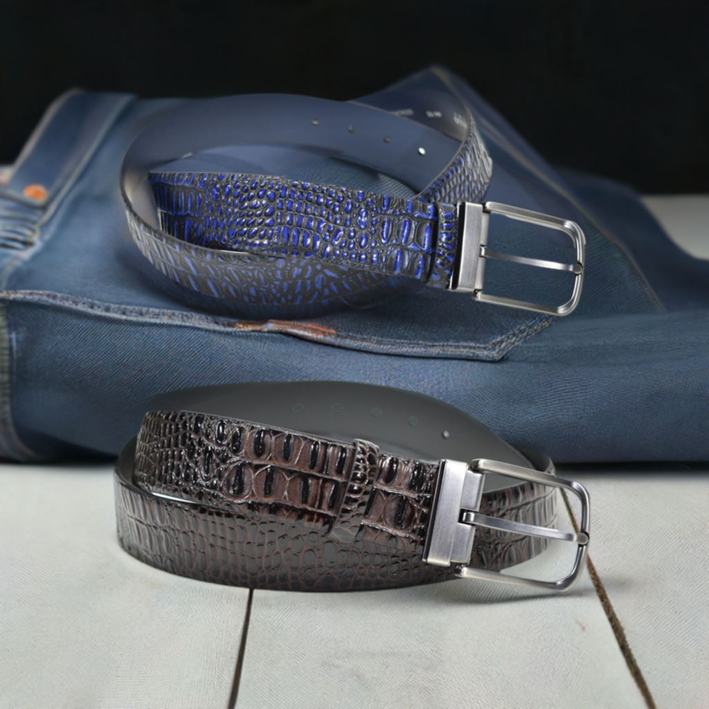 Saddle/Navy Two Tone Italian Herringbone Stretch Leather Belt, Torino  Leather Belts Collection