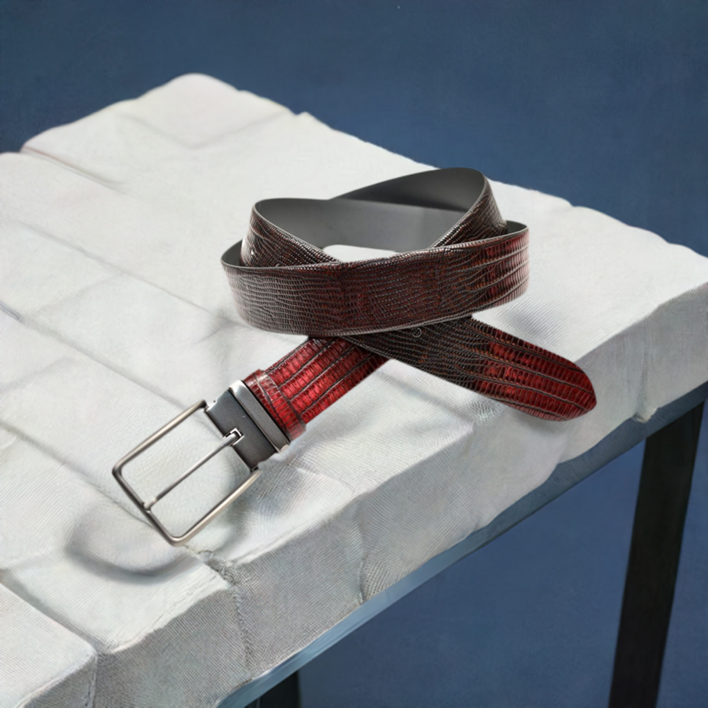 Marcello Sport finely stamped leather belt in a classic lizard pattern.  Stamped lizard skin pattern. Satin Nickel Finished Buckle.