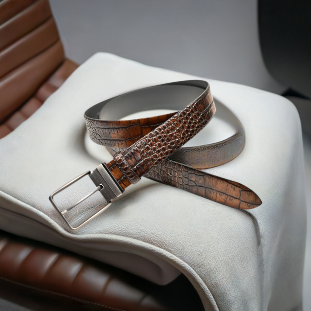Discover the perfect addition to your style with this embossed, multi-hued crocodile skin belt! Luxurious glove leather lines the interior, and the sleek, rich colors make this fashionable accessory a must-have.   Stamped crocodile skin pattern on Italian leather. Satin Nickel Finished Buckle.