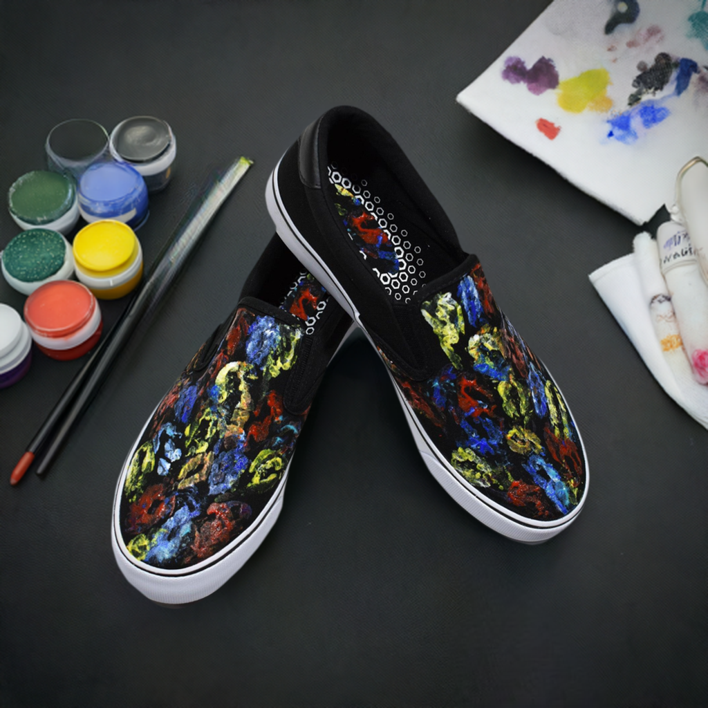 Accentuate your image with cool hand painted canvas slip on shoes.  The distinguished look will certainly get compliments.  The unique painted canvas is hand painted one by one with no two exact.