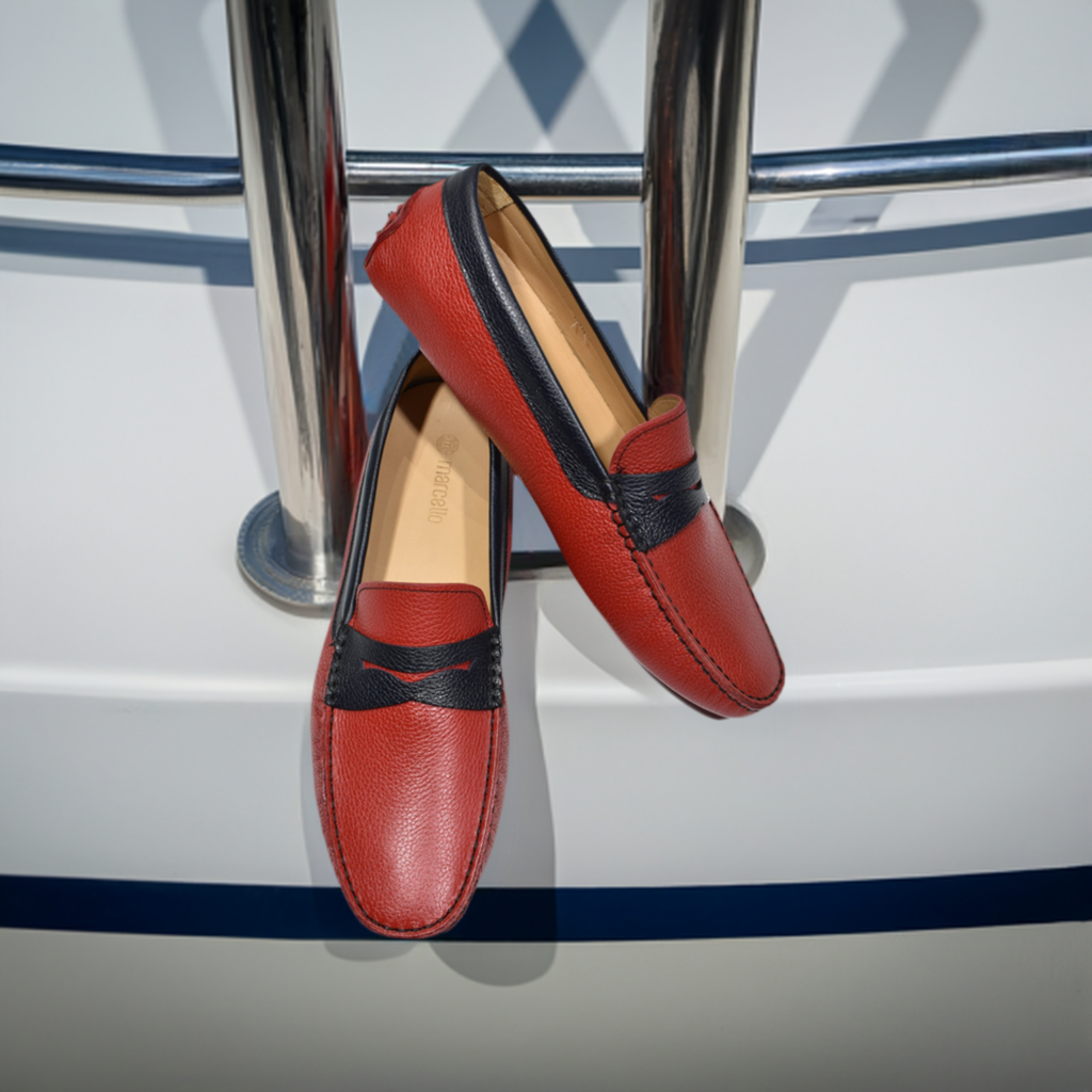 Take your look to the next level with the stylish S134 Red Driver shoes. Handcrafted in Spain with luxe red leather, navy leather trim and cool gommini soles, these shoes make a fashionable impression with their classic fit and comfortable foot bed. Perfect for any occasion. A great look with jeans or shorts.