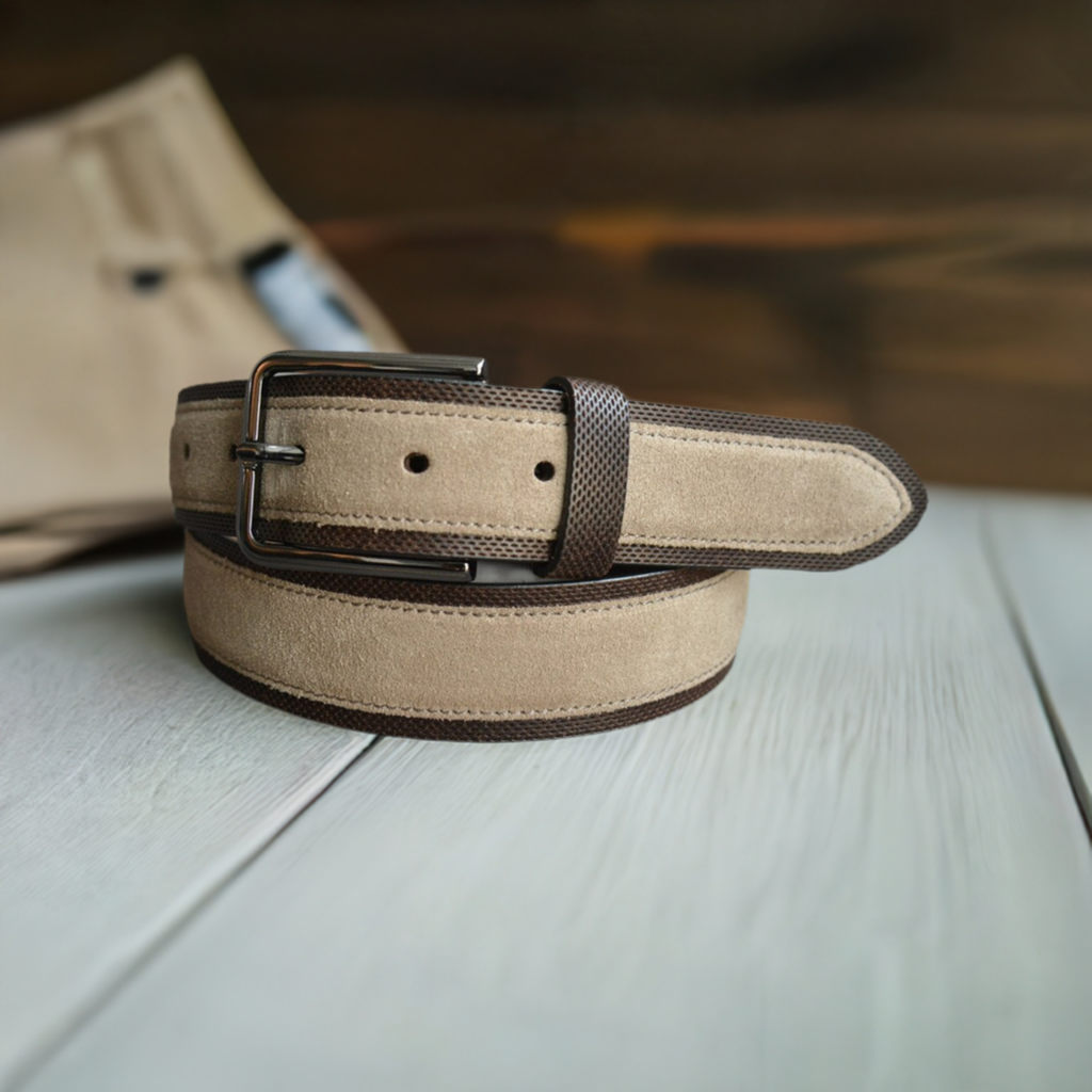 Add a stylish touch to your wardrobe with the Marcello Sport B17 belt! Designed with an exquisite combination of beige suede and chocolate perforated leather, this belt will have you looking your best. Make a statement with this classic yet updated fashion accessory!