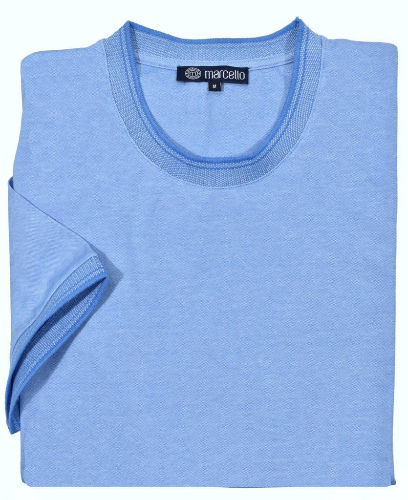 Luxurious and soft royal oxford fabric is soft to the touch and elegant.  Add in inset contrast fabric at the neck, cuff and gusset for a perfect sport tee.  Cotton and lycra comfort.  Classic fit.  Colors: Indigo, Sky, White  Amalfi Sport Fashion Crew Neck