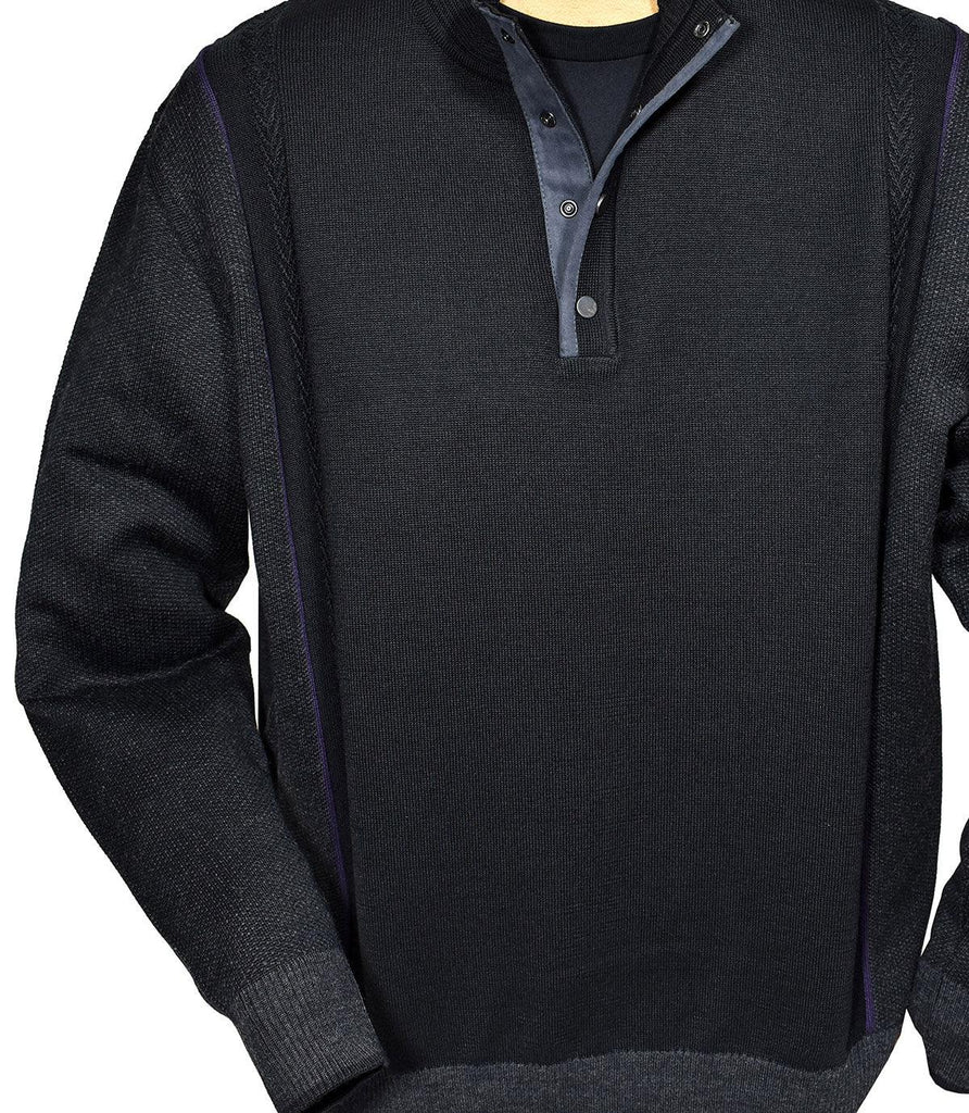 Change up your typical zip mock look with this Brady button mock.  Updated style and ultra suede trim detailing create an excellent knit sweater.  Finely knitted Italian merino wool. Light to medium weight. Cool button mock enclosure with suede accent trim. Classic fit. Banded bottom and cuffs.