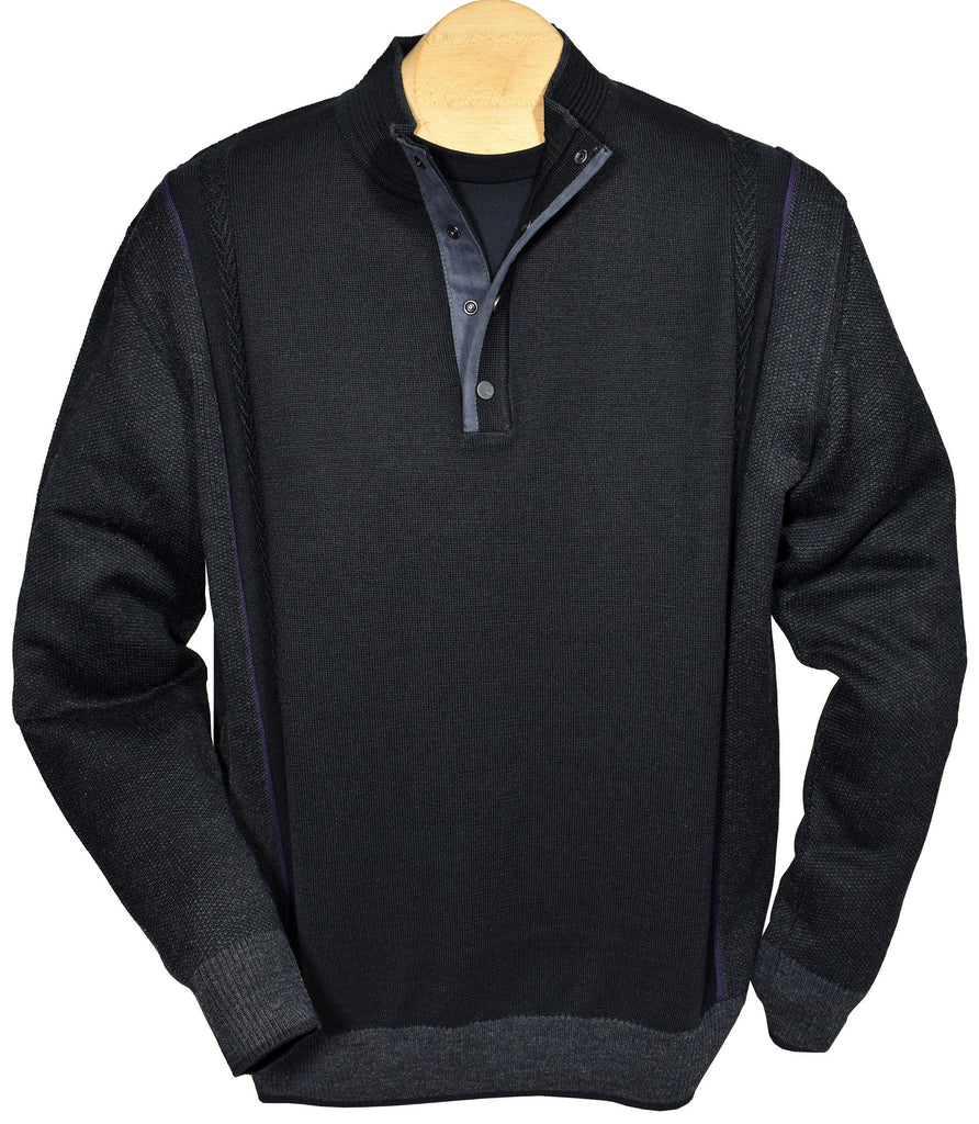 Change up your typical zip mock look with this Brady button mock.  Updated style and ultra suede trim detailing create an excellent knit sweater.  Extra fine merino wool blend. Button mock neck line with ultra suede trim. Vertical stitch detailing and contrast color add style. Classic ribbed cuffs and waist band. Classic fit.
