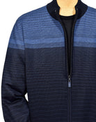 Marcello's trendy degrade zip cardigan features a cool style to wear as a fashion item or as a layering item over a tee or sport shirt. Style by Marcello Sport.  Merino wool blend. Light to medium weight. Standup mock style collar. Classic ribbed cuffs and waist band. Classic fit.