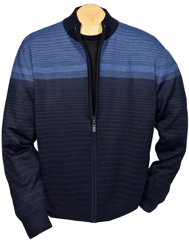 Marcello's trendy degrade zip cardigan features a cool style to wear as a fashion item or as a layering item over a tee or sport shirt.  Merino wool blend. Light to medium weight. Standup mock style collar. Classic ribbed cuffs and waist band. Classic fit.