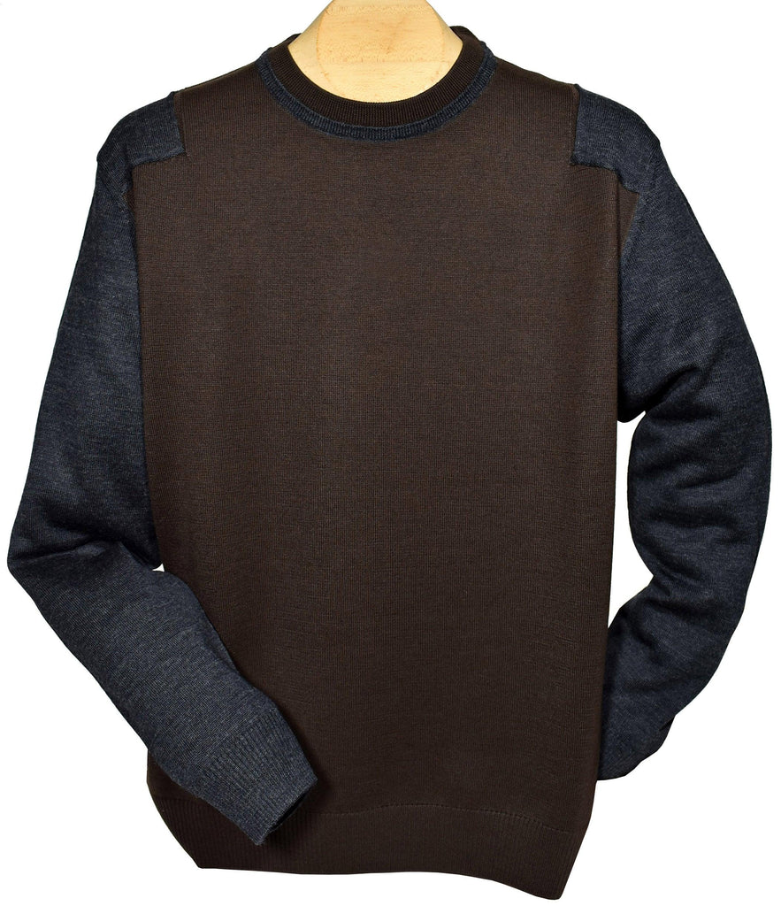 Elevate your Fall image with the Marcello sport sweater featuring contrast inset shoulder detailing and contemporary color blocking style.  Soft merino wool blend. Enjoy the rich elegance mixing chocolate and charcoal. Pairs well with many color bottoms. Classic ribbed cuffs and waist band. Classic fit.