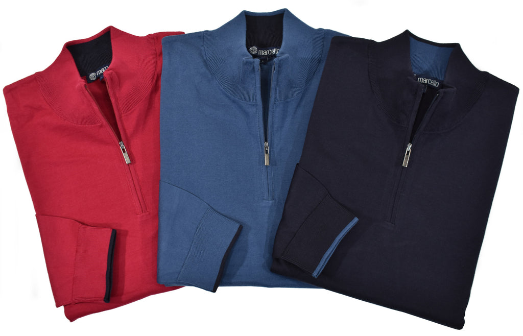 Elegant style is timeless.  The Chiari knit by Marcello features a classic zip mock with fine edge contrast color and matched color inside the neck band. Fine gauge for a lightweight knit that can be worn any time and is luxurious to the touch.  Colors - Red, Indigo, Navy