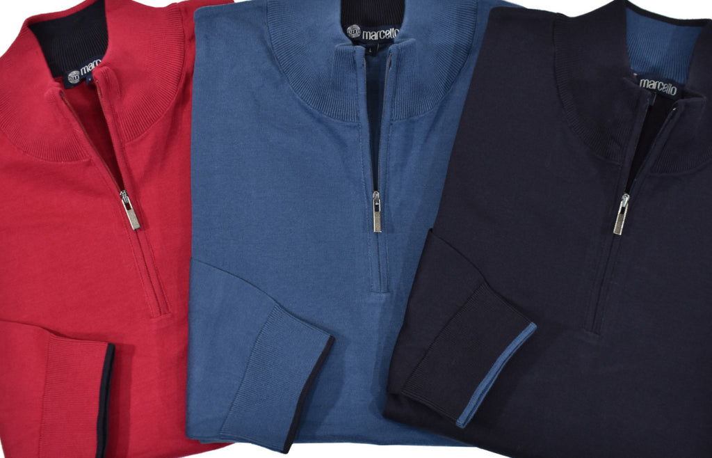 Elegant style is timeless.  The Chiari knit by Marcello features a classic zip mock with fine edge contrast color and matched color inside the neck band. Fine gauge for a lightweight knit that can be worn any time and is luxurious to the touch.  Colors - Red, Indigo, Navy