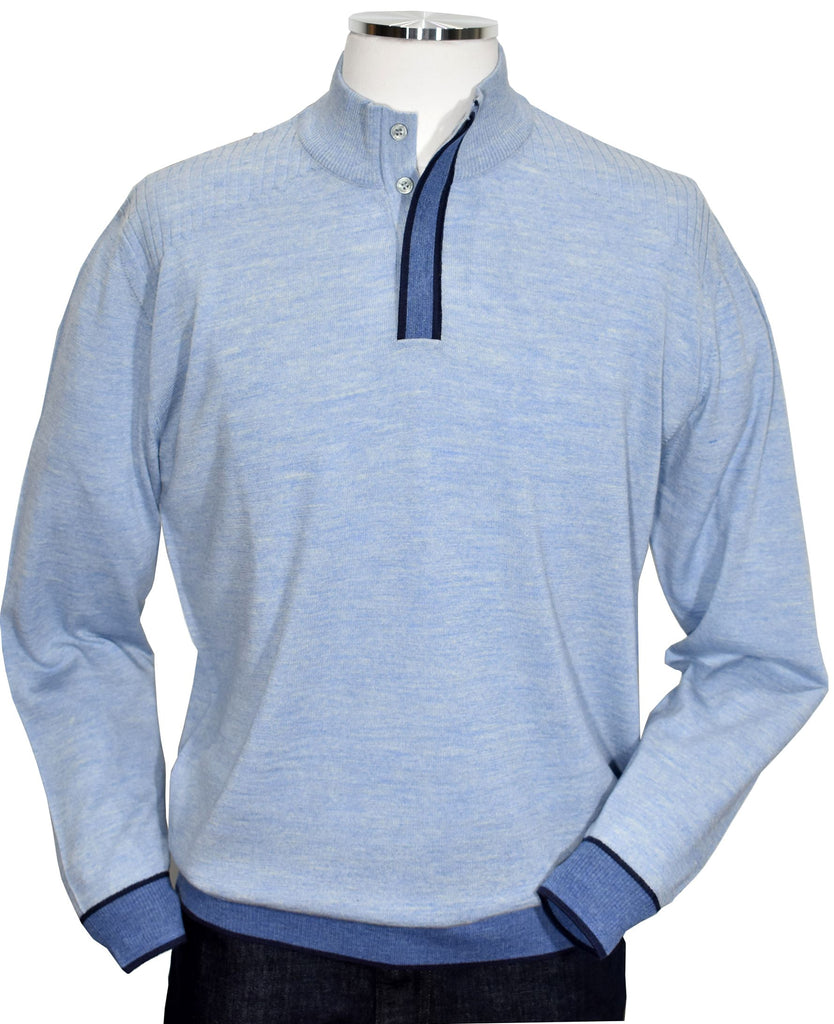 The finely knitted, Italian merino wool blend fabric is both light weight and elegantly soft to the touch.  The blue shade with darker accents works well with any color bottoms and is stylish alone or over another shirt.  Covered button mock closure and contrast color for unique style.   Classic fit and classic ribbed cuffs and waist bands. By Marcello Sport.