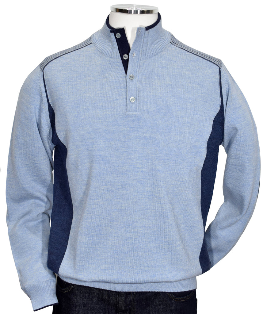 Fashion detailing and contrast colors engineered to balance this button mock in an exclusive updated fashion style.  Created utilizing soft and light weight Italian merino wool blended yarns that can be worn alone or over another shirt.   Soft, exclusive, Italian merino wool yarns.  Classic ribbed waist and cuffs and a classic fit. Mock sweater by Marcello Sport.
