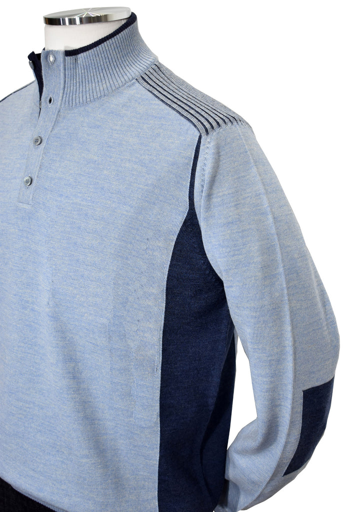Fashion detailing and contrast colors engineered to balance this button mock in an exclusive updated fashion style. Created utilizing soft and light weight Italian merino wool blended yarns that can be worn alone or over another shirt. Soft, exclusive, Italian merino wool yarns. Classic ribbed waist and cuffs and a classic fit. Mock sweater by Marcello Sport.