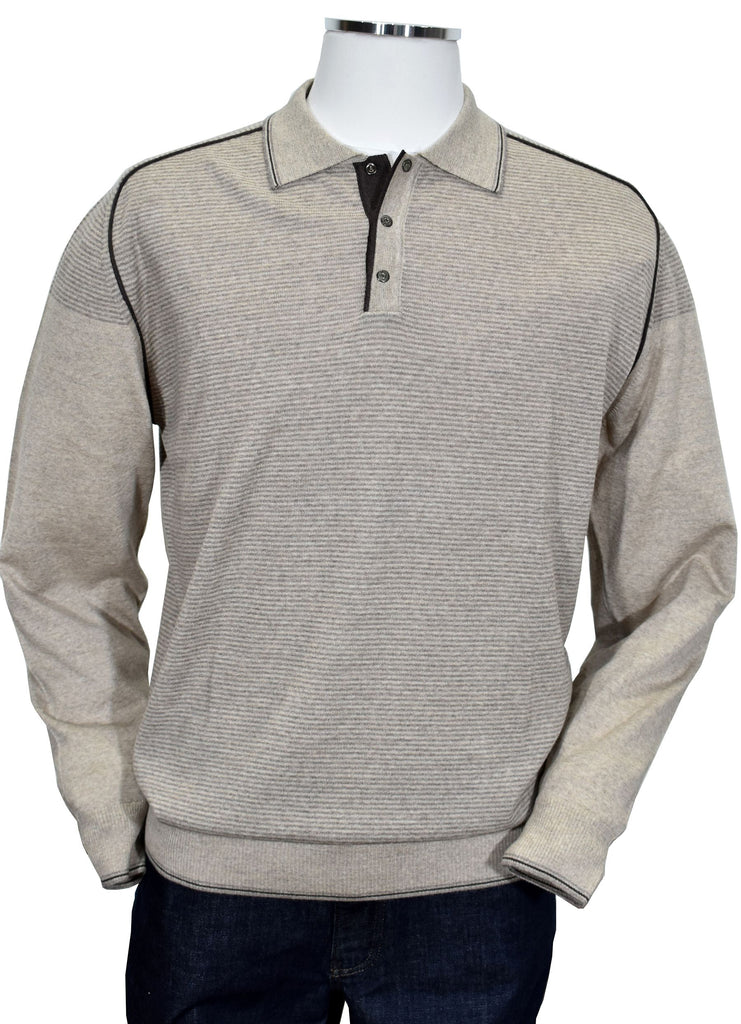 Warm tan coloration with chocolate accents, knitted using extra fine, Italian merino wool blended yarns.  While classic in nature, the extra fine patterned polo model with snaps and accent trim add a fashion flair sure to stand out.  Soft Italian blended yarns and lightweight.  Fine ribbed cuffs and waist band, classic fit. By Marcello Sport