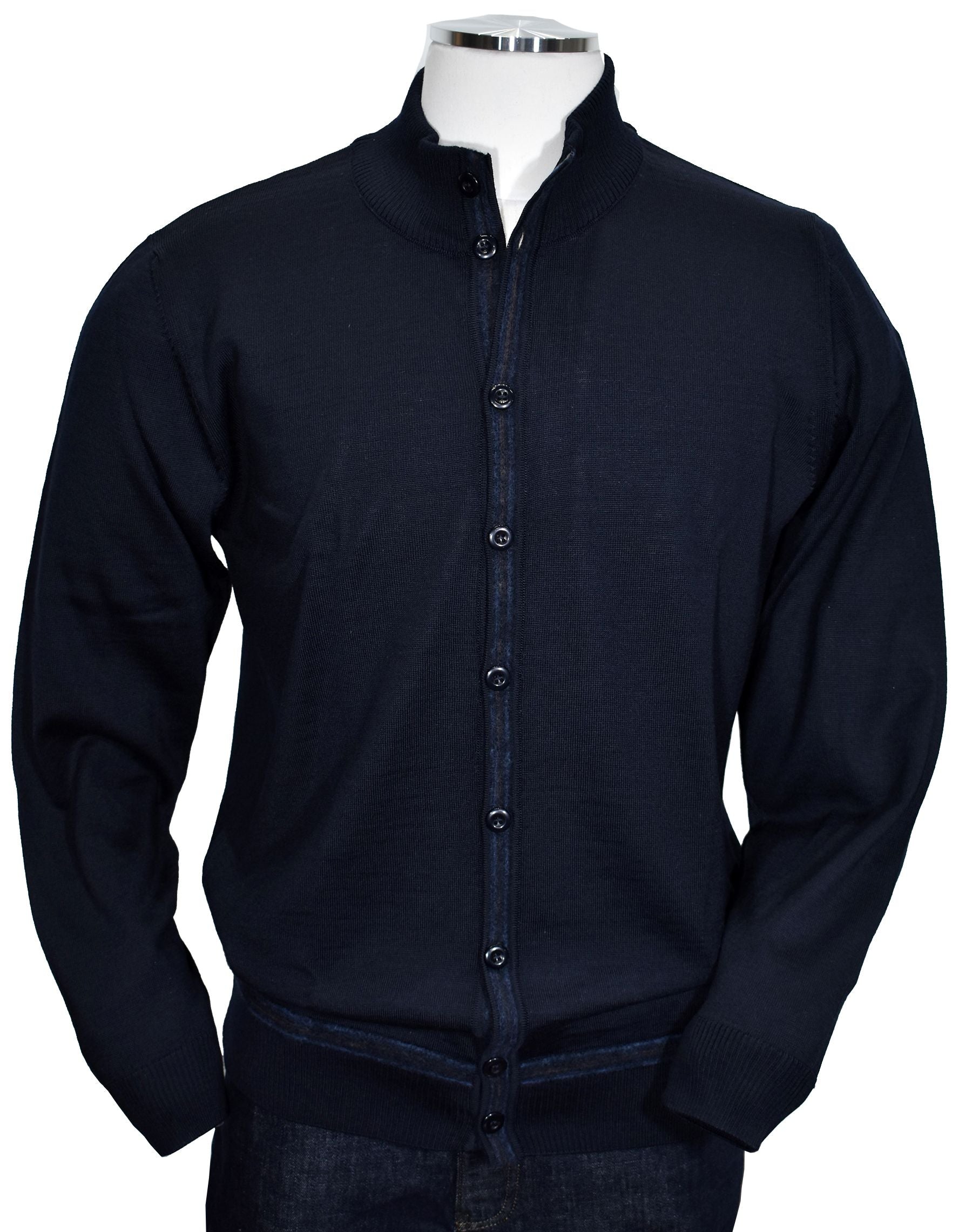 Finely knitted Italian merino wool blend in a classic cardigan model with a mock neck collar for a youthful style.   Accent stitch detailing along the buttons and bottom add a contemporary style to this navy colored sweater.   Soft and light weight Italian merino wool blended yarn for added comfort.  Classic fit. By Marcello Sport.