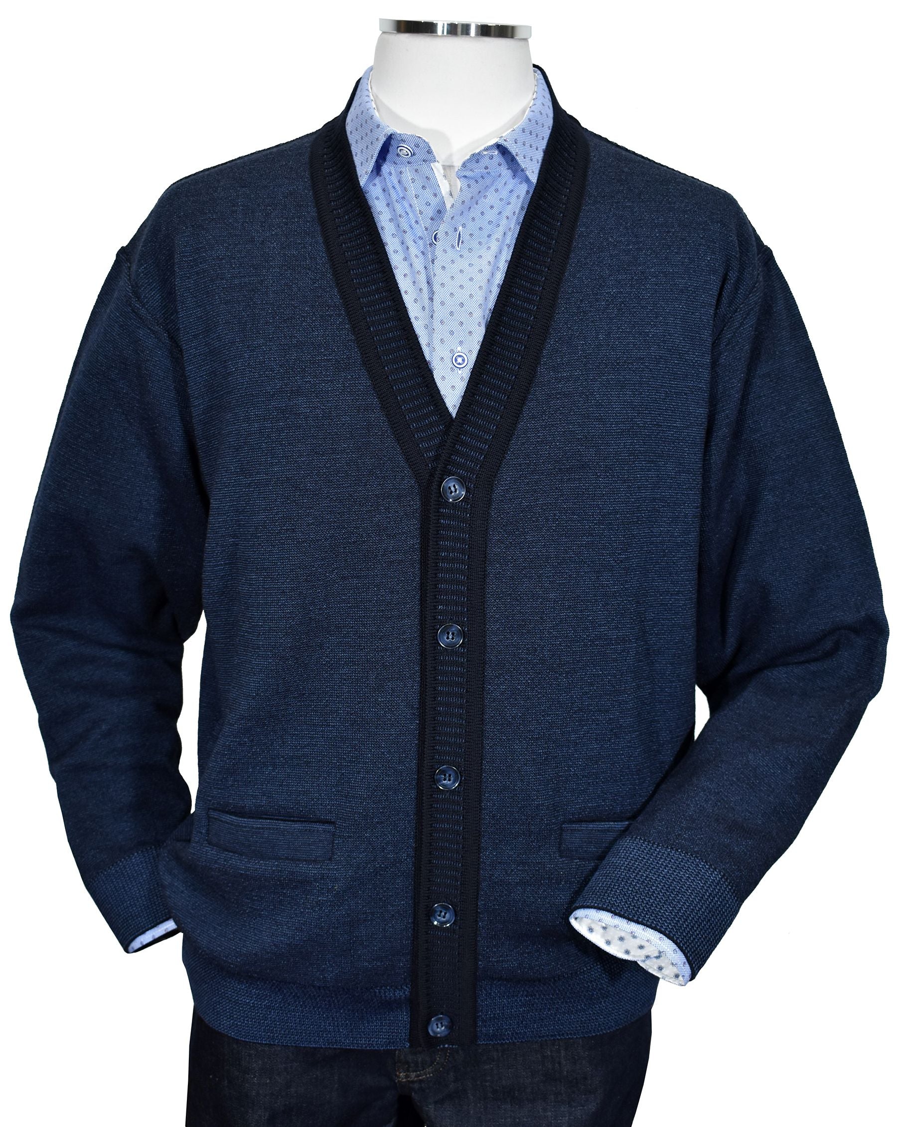 Exclusively Marcello, the classic cardigan model in rich indigo melange with a fashion edge detailing in contrast color. The perfect layering piece utilized for comfort and style. Light to medium weight. Soft Italian merino wool blend.  Matched buttons.  Classic fit.