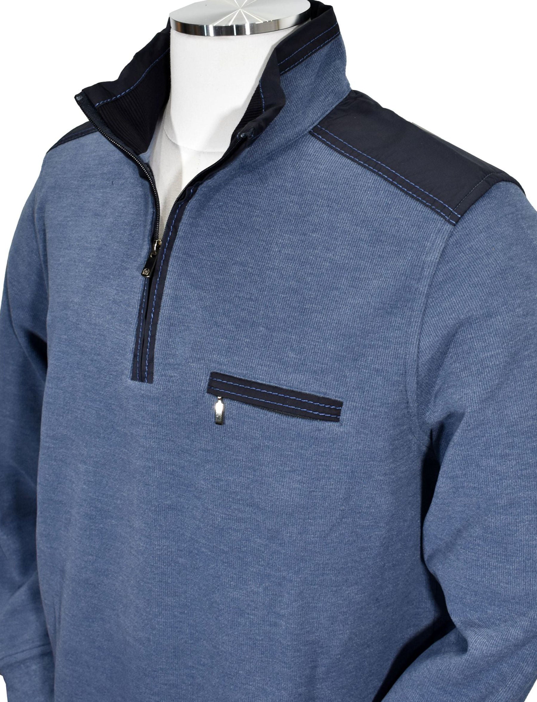 Cotton based fabric in a light to moderate weight, with contrast fabric detailing, and further accented with contrast stitching.   Great for an active lifestyle or just the image of an active or nautical lifestyle.   Soft mock neck model for added comfort with classic ribbed cuffs and waist band.  Classic fit.  Blue color, by Marcello Sport.