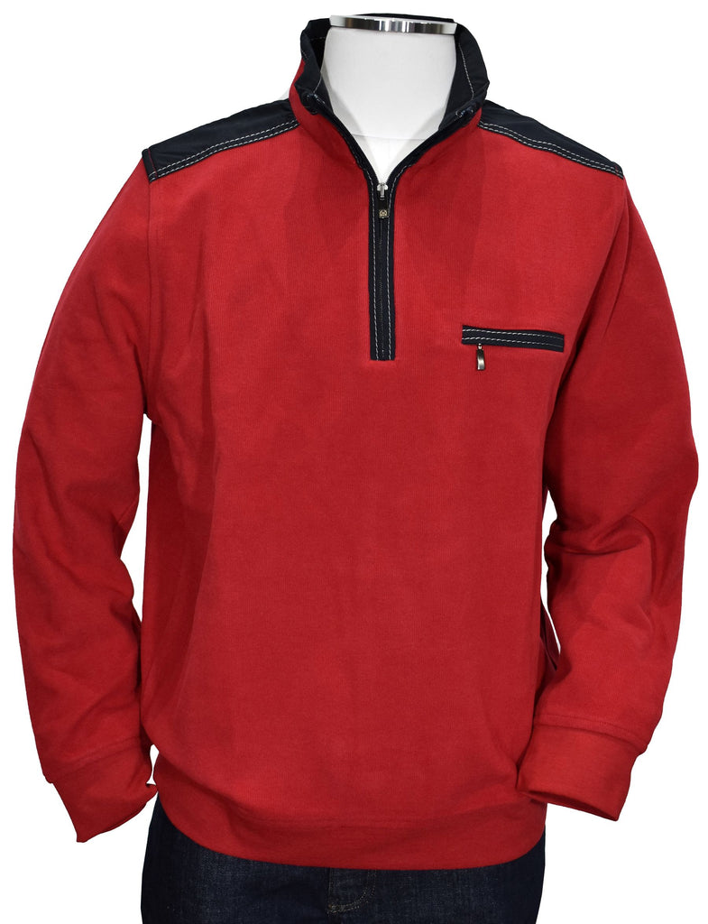 Cotton based fabric in a light to moderate weight, with contrast fabric detailing, and further accented with contrast stitching.   Great for an active lifestyle or just the image of an active or nautical lifestyle.   Soft mock neck model for added comfort with classic ribbed cuffs and waist band.  Classic fit.  Red color, by Marcello Sport.